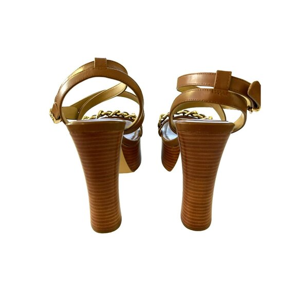 Michael Kors Paola Chain Embellished Leather Brown Platform Sandal Heels 7.5 - Picture 5 of 9